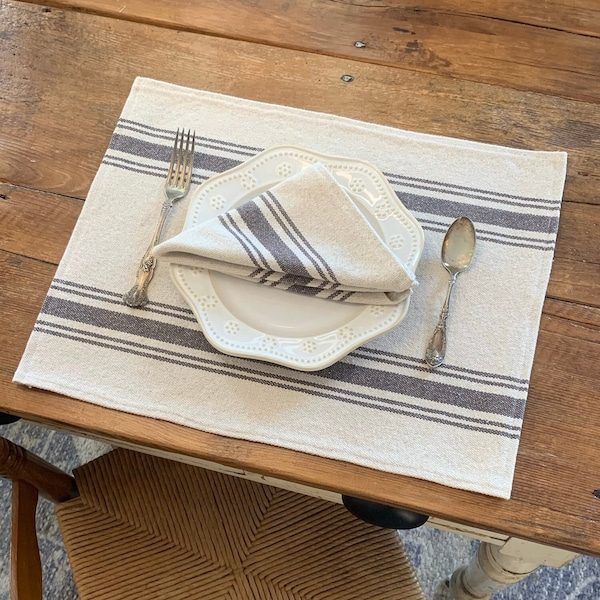 Gray Beige Farmhouse Placemat | Grain Sack Placemat | Beige Fabric | Gray 5 Stripe