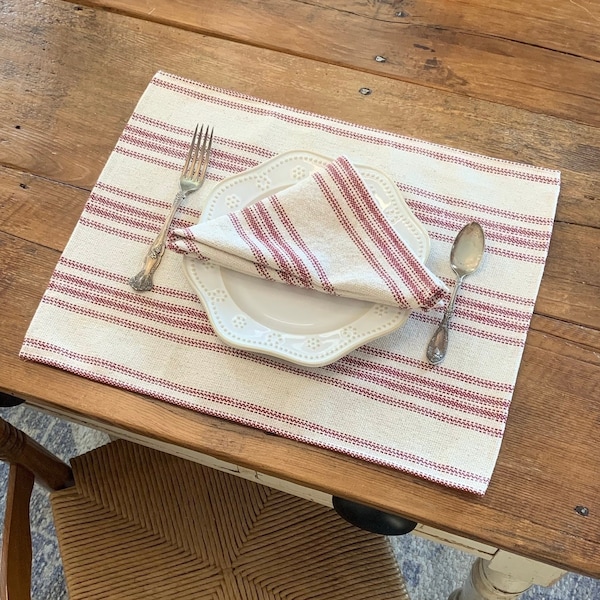 Burgundy Beige Farmhouse Placemat | Grain Sack Placemat | Beige Fabric | Burgundy 12 Stripe