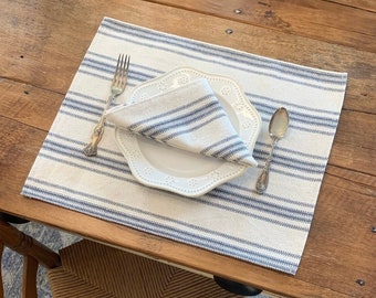 Blau Beige Bauernhaus Tischset | Getreidesack Tischset | Beige Stoff | Blauer 12-Streifen