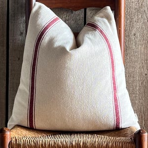 Grain Sack Stripe Pillow Cover | Farmhouse Pillow Cover | Burgundy 3 Stripe Front | Beige Solid Back | Zipper Closure