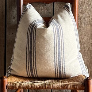 Grain Sack Stripe Pillow Cover | Farmhouse Pillow Cover | Blue & Gray 5 Striped Front | Beige Solid Back | Zippered Closure