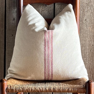 Grain Sack Burgundy Stripe Pillow Cover | Farmhouse Pillow Cover | Burgundy 9 Stripe Front | Beige Solid Fabric Back | Zipper Closure