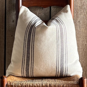Grain Sack Pillow Cover | Farmhouse Pillow Cover | Ticking Striped Pillow Cover | Gray 5 Striped Front | Beige Solid Back | Zipper Closure
