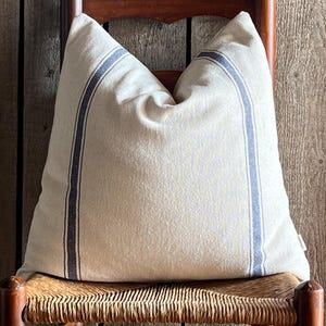 Grain Sack Stripe Pillow Cover | Farmhouse Pillow Cover | Ticking Pillow Cover | Blue 3 Stripe Front | Beige Fabric Back | Zipper Closure