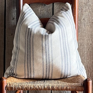 Grain Sack Stripe Pillow Cover | Farmhouse Pillow Cover | Ticking Pillow Cover | Blue 12 Stripe Front | Beige Fabric Back | Zipper Closure