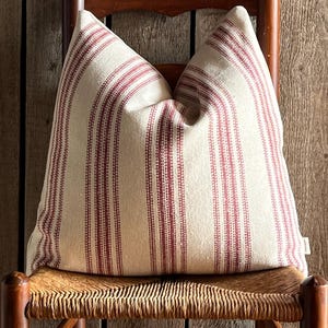 Grain Sack Burgundy Stripe Pillow Cover | Farmhouse Pillow Cover | Burgundy 12 Stripe Front | Solid Beige Back | Zipper Closure