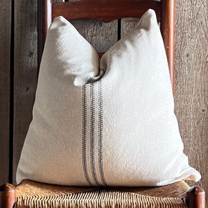 Grain Sack Blue Stripe Pillow Cover | Farmhouse Pillow Cover | Blue 9 Stripe Front | Solid Beige Fabric Back | Zipper Closure