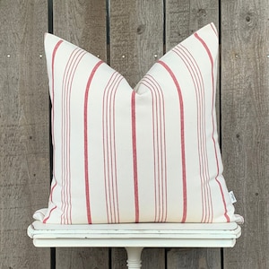 1 Modern Farmhouse Multi Red Striped Pillow Cover | Woven Pillow Cover | Farmhouse Pillow Cover | Solid Cream Backing | Zipper Closure