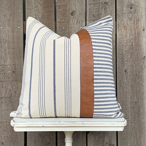 Modern Farmhouse Wide Striped Pillow Cover w/Faux Leather Accent | Woven Stripe Pillow Cover | Cream Backing | CHOOSE YOUR PATTERN