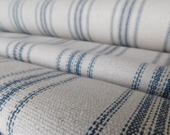 Feed Sack Fabric By The Yard | Farmhouse Fabric | Blue 12 Stripe | Beige Background | 54" Wide | Upholstery Weight