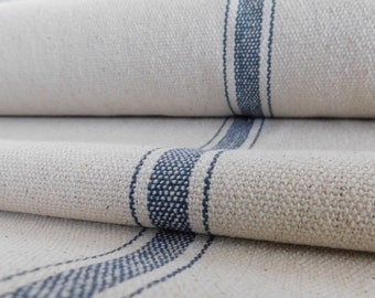 Grain Sack Fabric By The Yard | Farmhouse Fabric | Blue 3 Stripe | Beige Background | 54" Wide | Upholstery Fabric