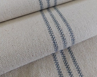 Grain Sack Fabric By The Yard | Farmhouse Fabric | Ticking Fabric | Blue 9 Stripe | Beige Background | 54" Wide | Upholstery Weight