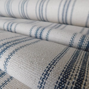 Feed Sack Fabric By The Yard Farmhouse Fabric Blue 12 Stripe Beige Background 54 Wide Upholstery Weight image 1