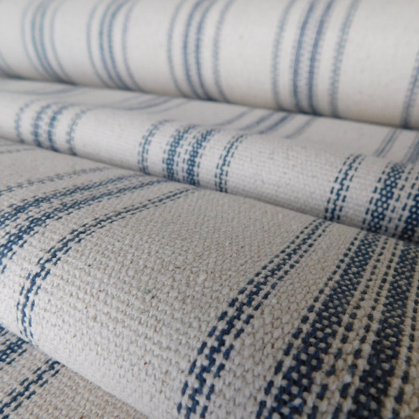 Feed Sack Fabric By The Yard | Farmhouse Fabric | Blue 12 Stripe | Beige Background | 54" Wide | Upholstery Weight