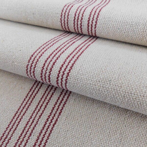 Grain Sack Fabric By The Yard | Farmhouse Fabric | Ticking Fabric | Burgundy 9 Stripe | Beige Background | 54" Wide | Upholstery Weight