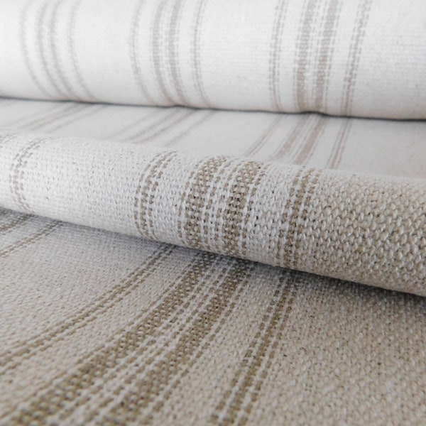 Grain Sack Fabric By The Yard | Farmhouse Fabric | Ticking Fabric | Tan 12 Stripe | Beige Fabric | 54" Wide