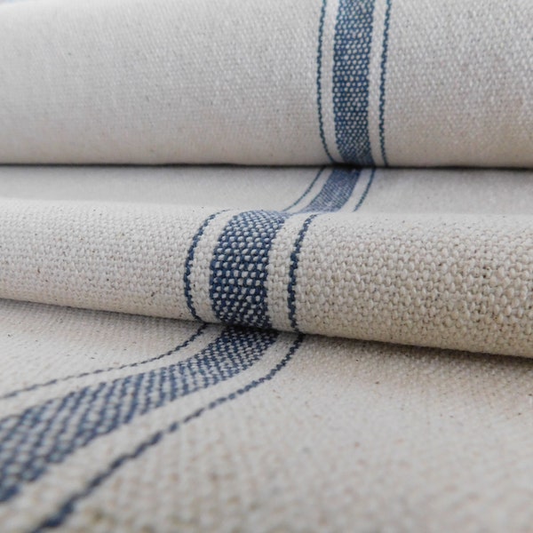 Grain Sack Fabric By The Yard | Farmhouse Fabric | Blue 3 Stripe | Beige Background | 54" Wide | Upholstery Fabric