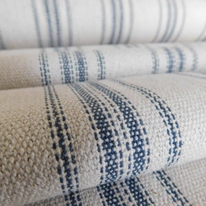 Grain Sack Fabric By The Yard| Farmhouse Fabric | Blue 12 Stripe | Beige Fabric | 54" Wide | Upholstery Weight