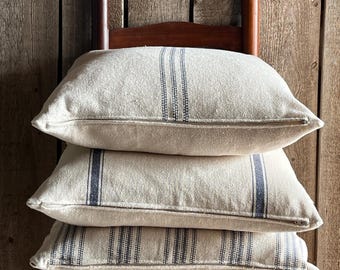 MIX & MATCH | Grain Sack Pillow Cover | Farmhouse Pillow Cover | Feed Sack Pillow Cover | Blue Stripe Pillow Cover  | Beige Fabric