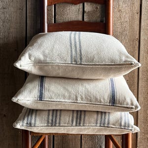 Grain Sack Farmhouse Pillow Cover | Blue Stripe Ticking Pillow Cover | Feed Sack Pillow Cover | Flour Sack | Beige Fabric | Zipper Closure