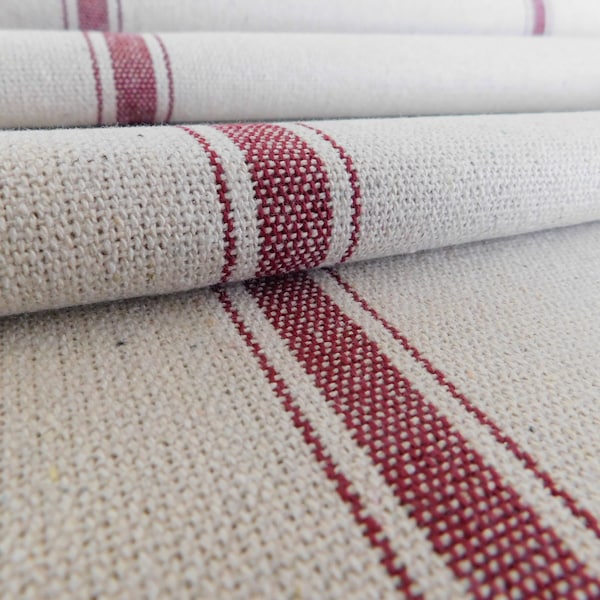 Tissu de sac de grain par cour | Tissu ferme | Bourgogne 3 Stripe | Fond beige | 54 » De large | Poids de rembourrage