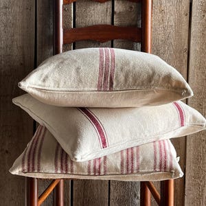 MIX & MATCH | Grain Sack Farmhouse Pillow Cover | Burgundy Stripe Front | Feed Sack Pillow Cover | Beige Solid Back | Zipper Closure