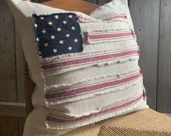 Grain Sack Flag Pillow Cover | Americana | 4th of July | Memorial Day | Labor Day | 20” COVER ONLY