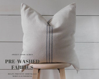 Grain Sack & Ticking Pillow Cover | Farmhouse Stripe Pillow Cover | Blue 9 Stripe | Beige Fabric | Zipper Closure | Ticking Back