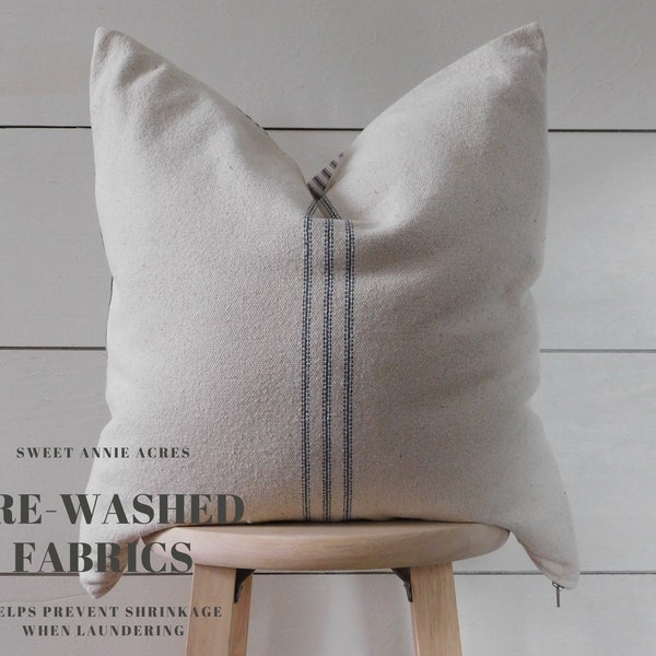 Grain Sack & Ticking Pillow Cover | Farmhouse Stripe Pillow Cover | Blue 9 Stripe | Beige Fabric | Zipper Closure | Ticking Back