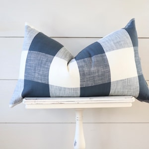 Blue Buffalo Check Lumbar Pillow Cover | Farmhouse Pillow Cover | Blue and Cream Fabric | Zipper Closure