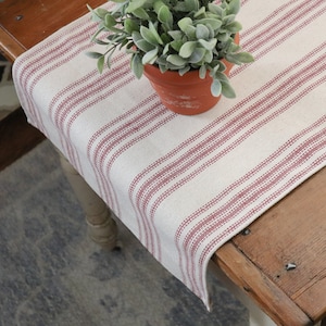 Table Runner/Cream Grain Sack Fabric/Burgundy 12 Stripe/Beige Fabric/17" Wide