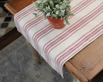 Table Runner/Cream Grain Sack Fabric/Burgundy 12 Stripe/Beige Fabric/17" Wide