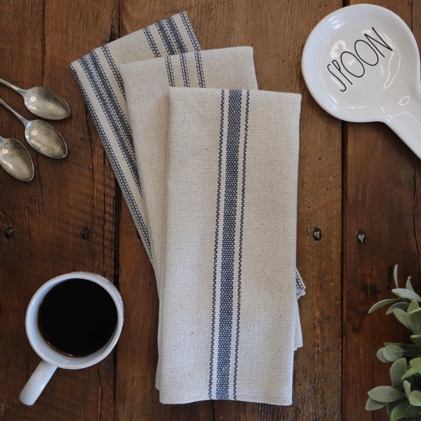 Blue Grain Sack Kitchen Towel | NOT A SET | Flour Sack Tea Towel | Farmhouse Hand Towel | Rustic Dish Towel | Choose Your Stripe