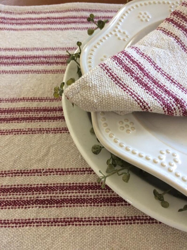 Burgundy 12 Stripe Grain Sack Placemat Farmhouse Placemat Beige Fabric
