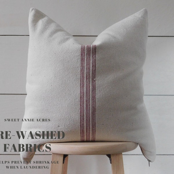 Grain Sack Burgundy Stripe Pillow Cover | Farmhouse Pillow Cover | Ticking Pillow Cover | Burgundy 9 Stripe | Beige Fabric | Zipper Closure