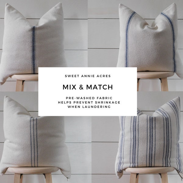 Grain Sack Farmhouse Pillow Cover | Blue Stripe Ticking Pillow Cover | Feed Sack Pillow Cover | Flour Sack | Beige Fabric | Zipper Closure