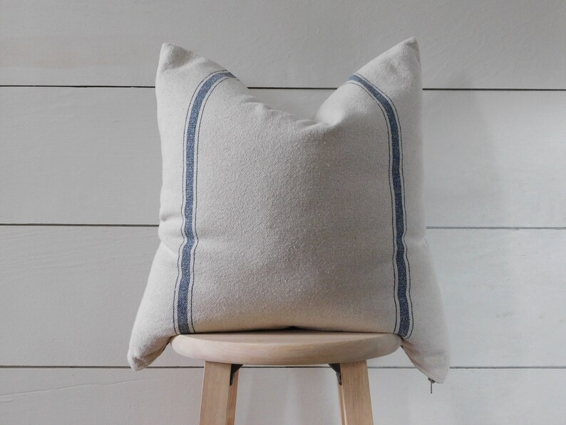 Grain Sack Farmhouse Pillow Cover Blue Stripe Ticking Pillow Etsy UK