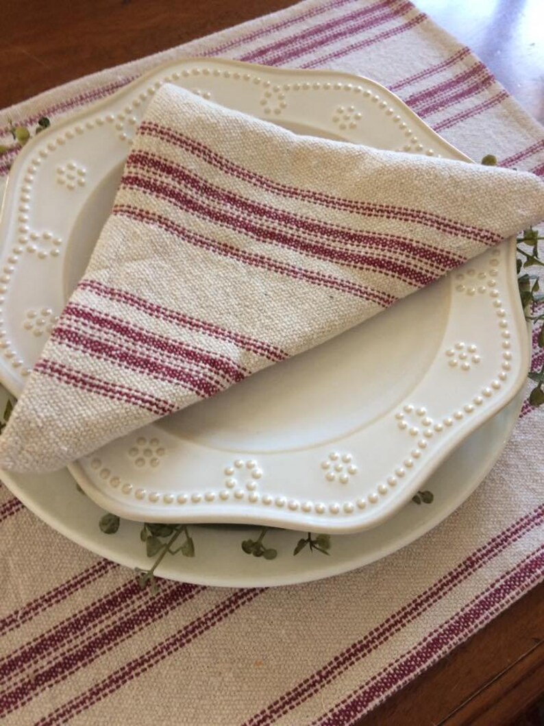 Burgundy 12 Stripe Grain Sack Placemat Farmhouse Placemat Beige Fabric