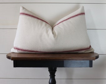 Grain Sack Lumbar Pillow Cover | Farmhouse Pillow Cover | Ticking Lumbar Pillow Cover | Burgundy 3 Stripe | Beige Fabric | Zipper Closure