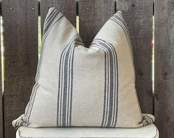 Grain Sack Stripe Pillow Cover | Farmhouse Pillow Cover | Blue & Gray 5 Stripe | Zippered Closure | Beige Fabric