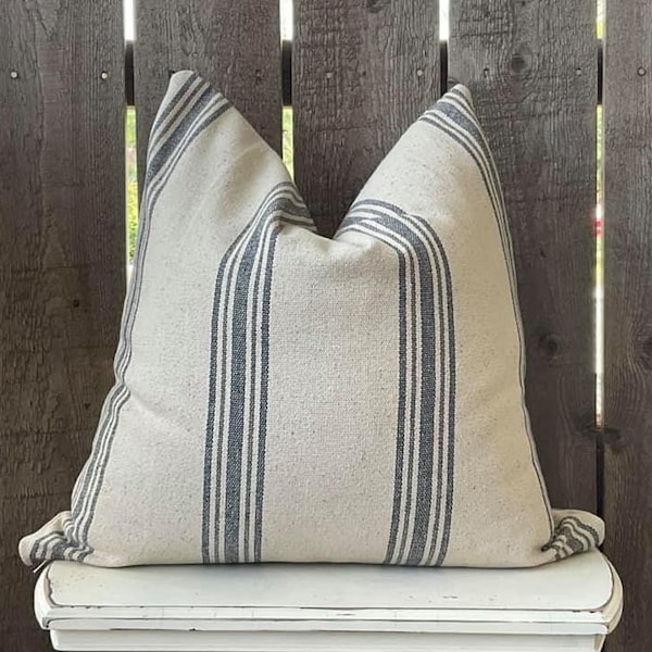 Grain Sack Stripe Pillow Cover | Farmhouse Pillow Cover | Blue & Gray 5 Stripe | Zippered Closure | Beige Fabric