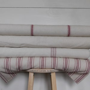 Tkanina Grain Sack cięta na wymiar | Tkanina Farmhouse | Tkanina Ticking | Burgundowy 9 pasków | Tkanina beżowa | Szerokość 54" | Gramatura tapicerki