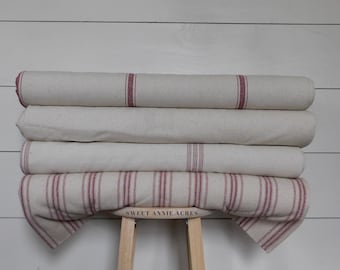 Grain Sack Fabric By The Yard | Farmhouse Fabric | Ticking Fabric | Burgundy 9 Stripe | Beige Fabric | 54" Wide | Upholstery Weight