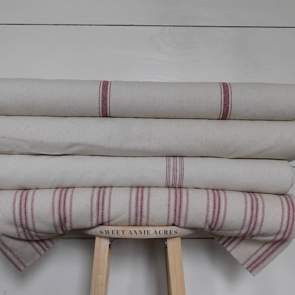 Farmhouse Grain Sack Fabric By The Yard | Feed Sack Fabric | Burgundy Stripe | Beige Fabric | 54" Wide | CHOOSE YOUR STRIPE