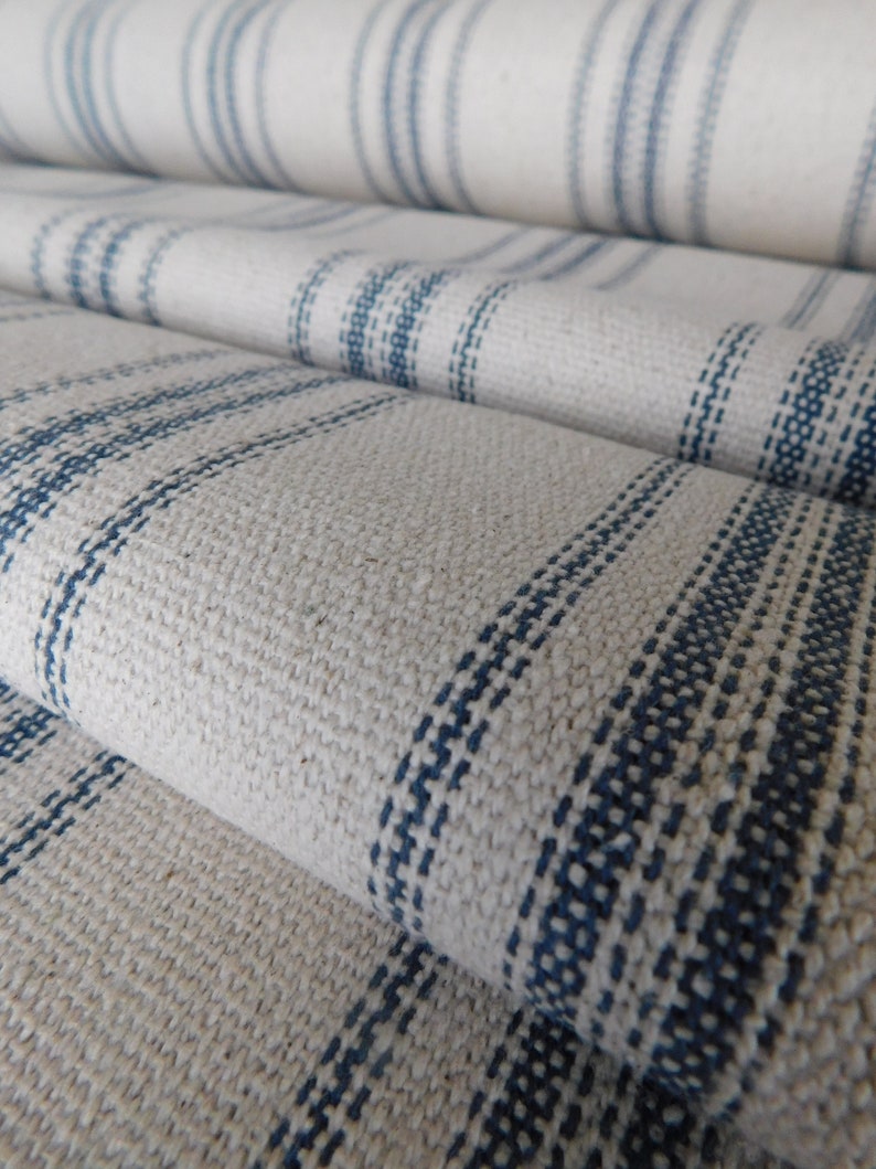 Feed Sack Fabric By The Yard Farmhouse Fabric Blue 12 Stripe Beige Background 54 Wide Upholstery Weight image 1