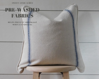 Piped Edge Grain Sack Pillow Cover | Feed Sack Cover | Farmhouse Pillow Cover | Double Blue 3 Stripe | Beige Fabric