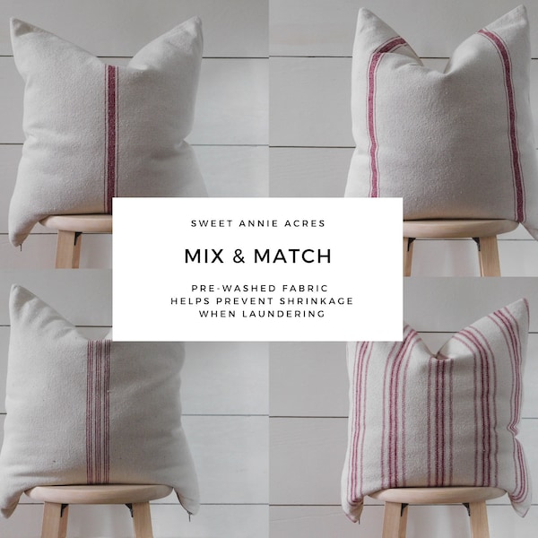 Grain Sack Farmhouse Pillow Cover | Burgundy Stripe Ticking Pillow Cover | Feed Sack Pillow Cover | Beige Fabric | Zipper Closure