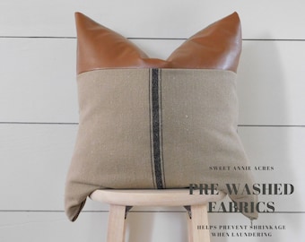 Grain Sack Pillow Cover with Faux Leather Accent | Feed Sack Pillow Cover | Farmhouse Pillow Cover | Black 3 Stripe | Brown Fabric