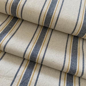 NEW! Grain Sack Fabric  | Feed Sack Fabric | Farmhouse Fabric | Blue & Gold 5 Stripe | Beige Background | 54" Wide | Upholstery Weight