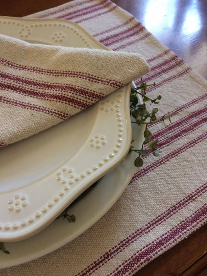 Burgundy 12 Stripe Grain Sack Placemat Farmhouse Placemat Beige Fabric